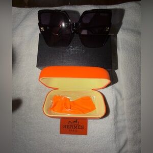 Hermes Women's Oversized Square Sunglasses in Black with Orange Case
